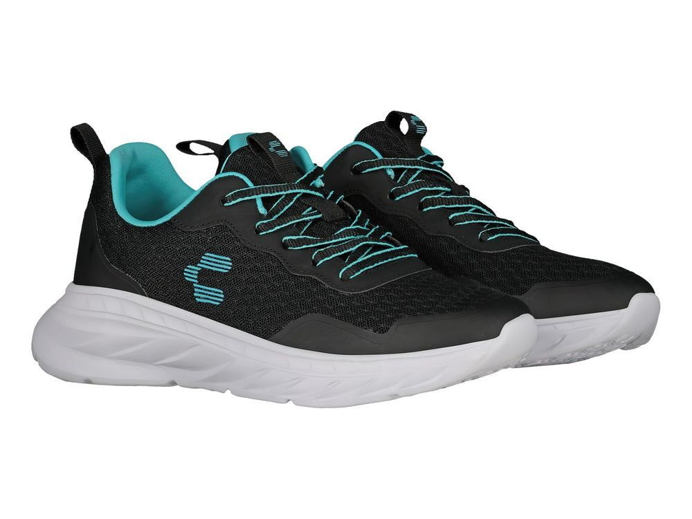 Tenis deportivos Charly color negro con suela blanca y detalles en turquesa.