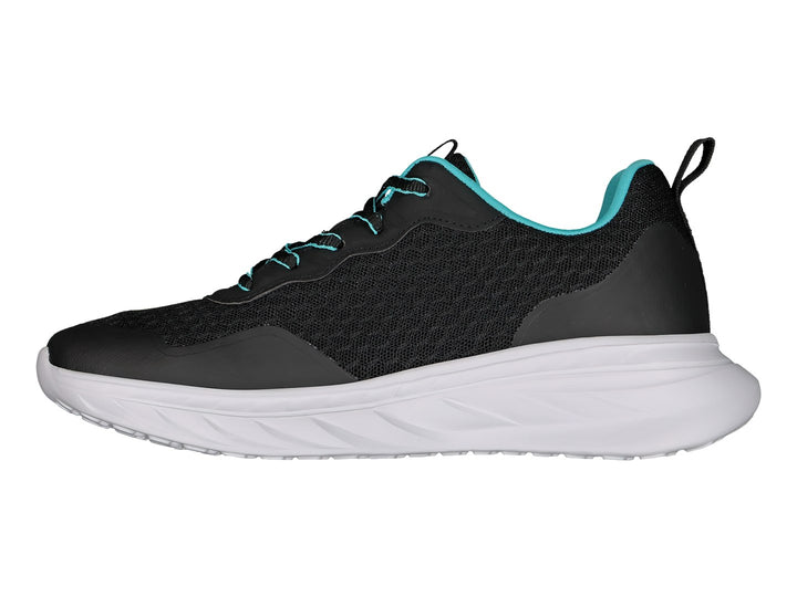 Tenis deportivos Charly color negro con suela blanca y detalles en turquesa.