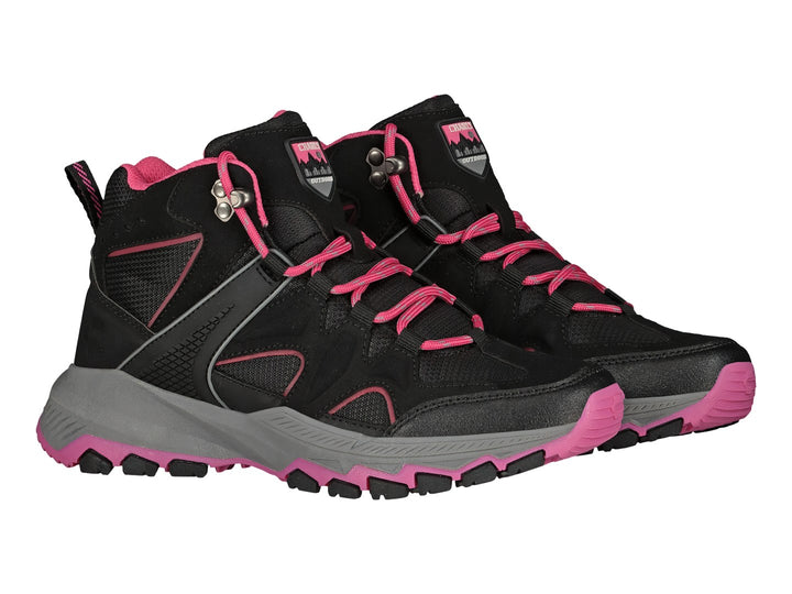 Zapato deportivo tipo botín color negro con detalles en rosa y suela gris y rosa.