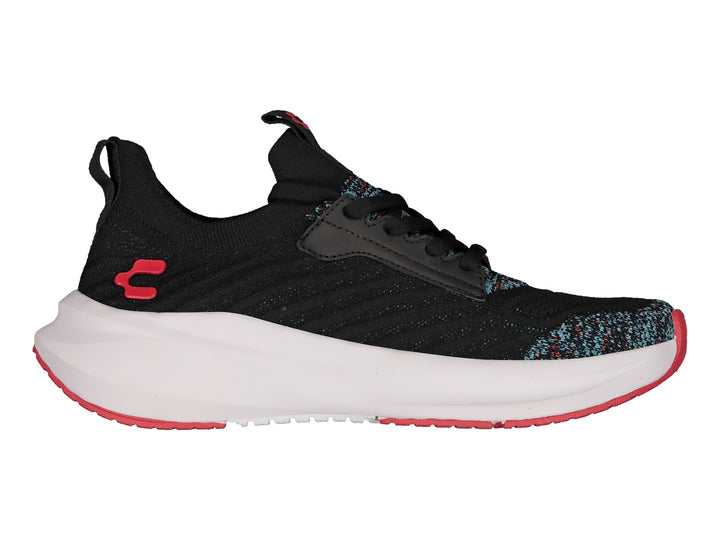 Tenis deportivos Charly color negro con suela blanca y detalles rojos y multicolores en la punta.