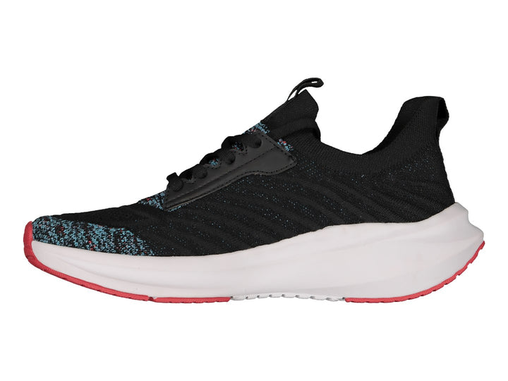 Tenis deportivos Charly color negro con suela blanca y detalles rojos y multicolores en la punta.