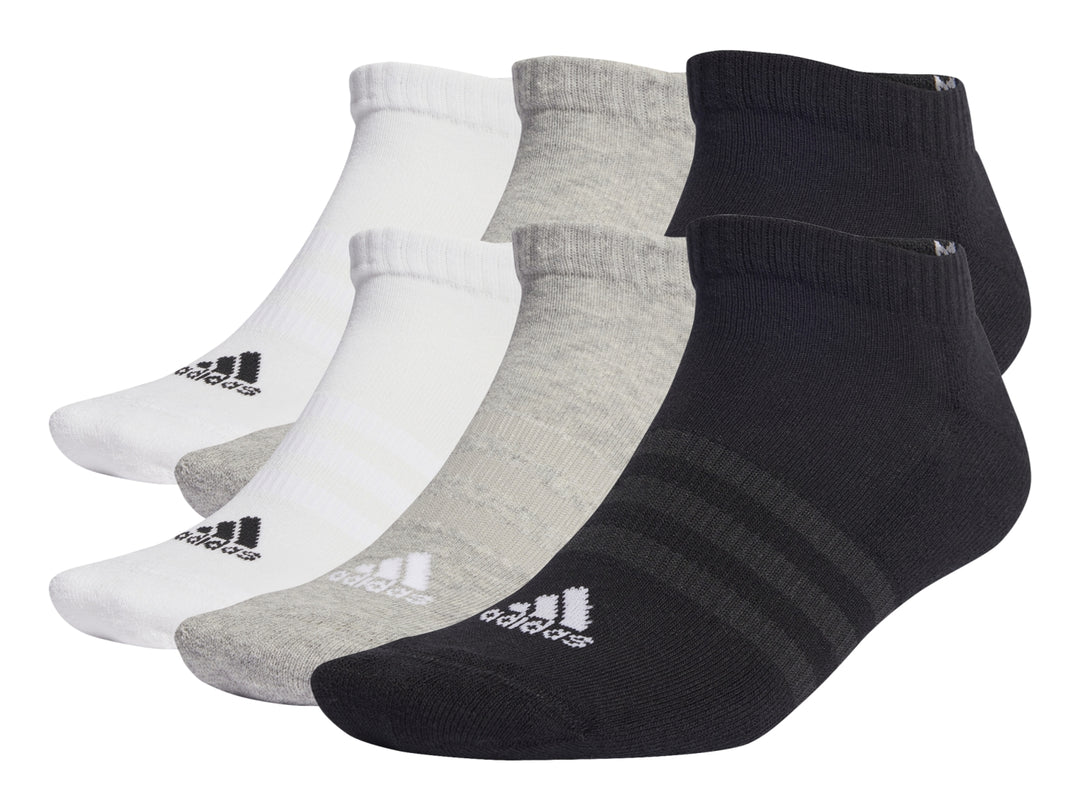Paquete de 6 calcetines cortos Adidas en colores blanco, gris y negro con logotipo frontal.