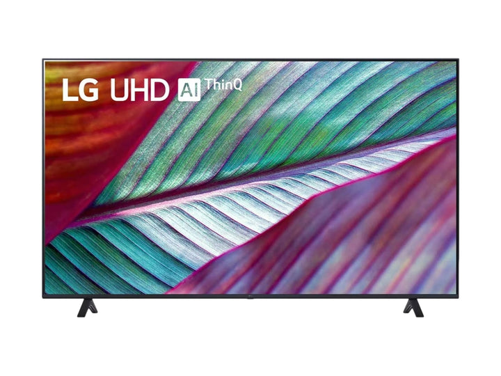 Televisor LG 4K Smart TV de 65 pulgadas en color negro con pantalla encendida mostrando una imagen colorida.