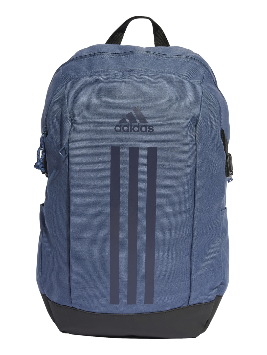 Mochila Adidas color azul con base negra y logotipo frontal en tono oscuro.