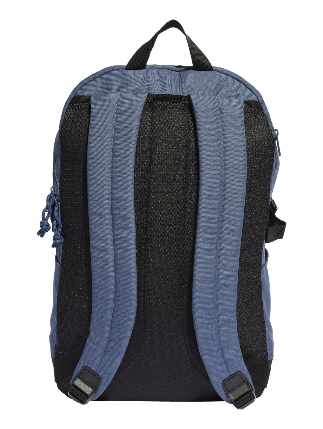 Mochila Adidas color azul con base negra y logotipo frontal en tono oscuro.