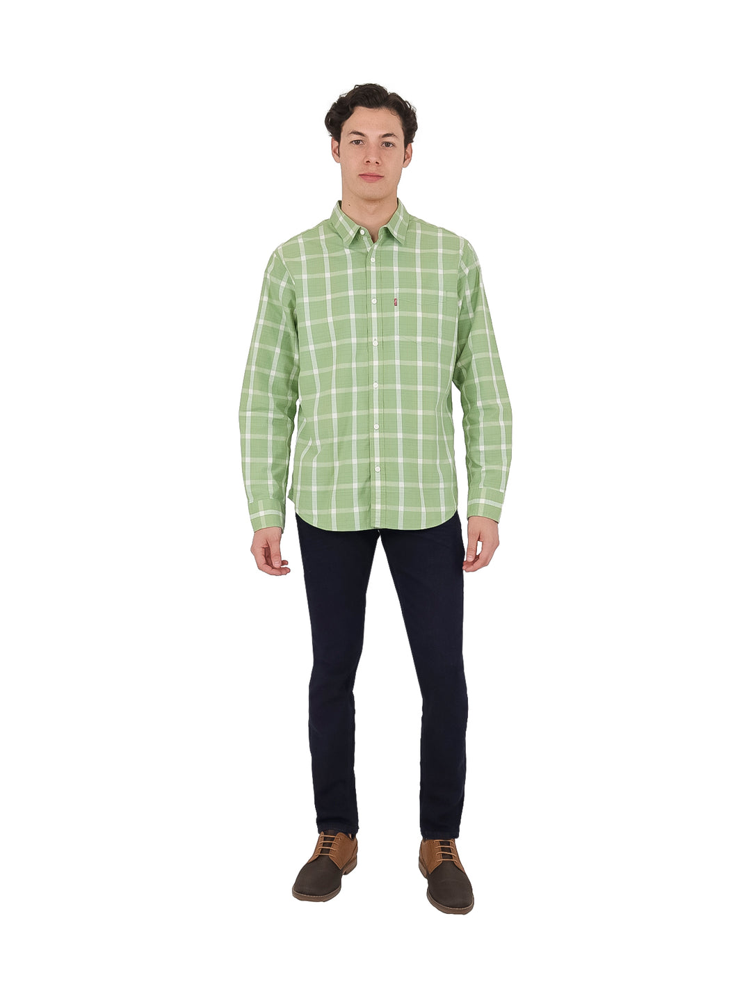 Hombre vistiendo una camisa verde de cuadros blancos con manga larga y cuello.