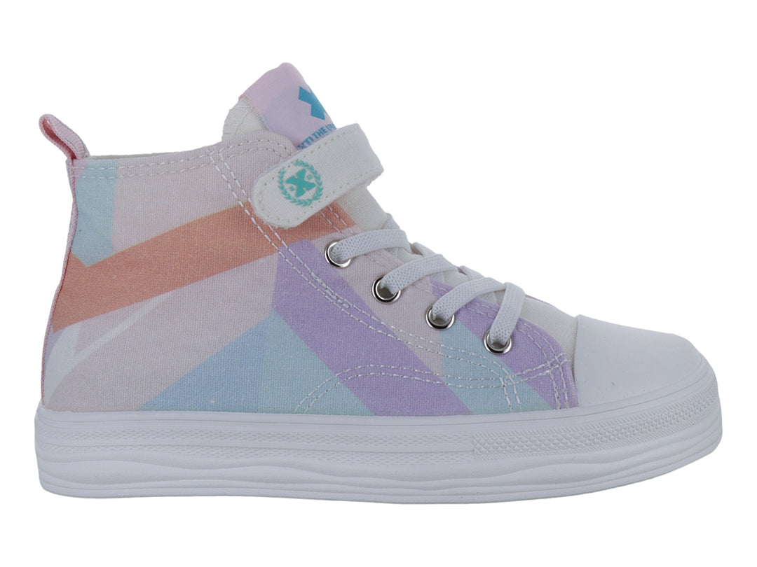 Tenis infantiles de bota con diseño geométrico en colores pastel y suela blanca.