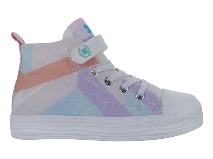 Tenis infantiles de bota con diseño geométrico en colores pastel y suela blanca.