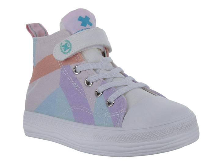 Tenis infantiles de bota con diseño geométrico en colores pastel y suela blanca.