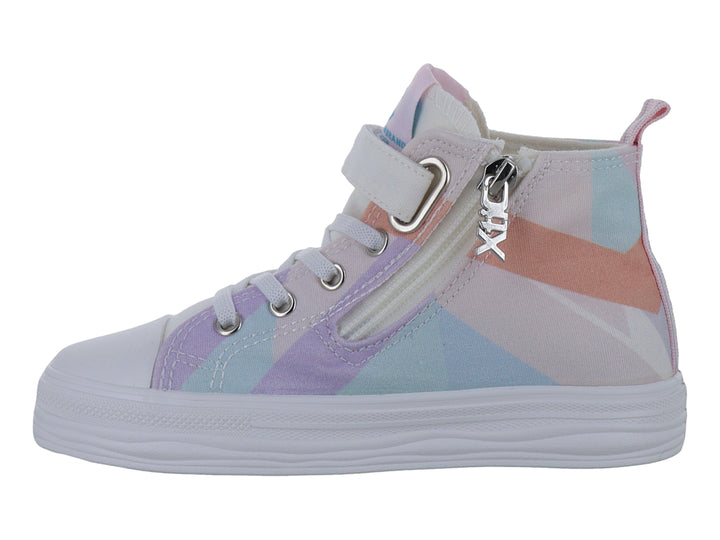 Tenis infantiles de bota con diseño geométrico en colores pastel y suela blanca.