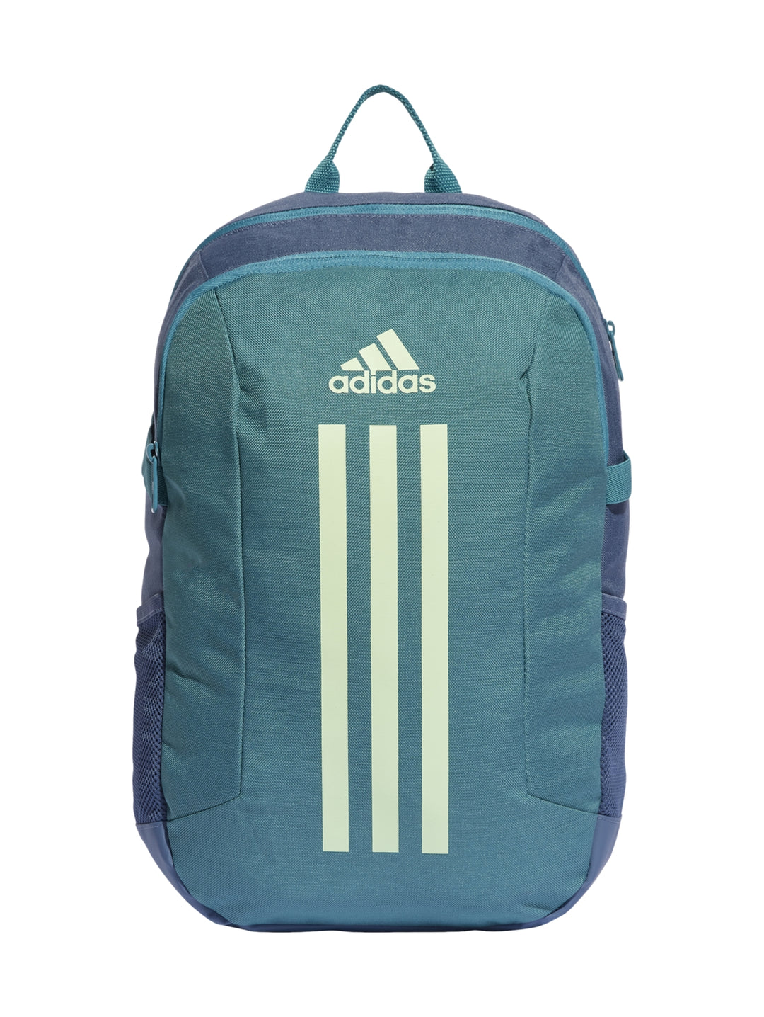 Mochila Adidas color azul con tres franjas blancas verticales y logotipo frontal blanco.