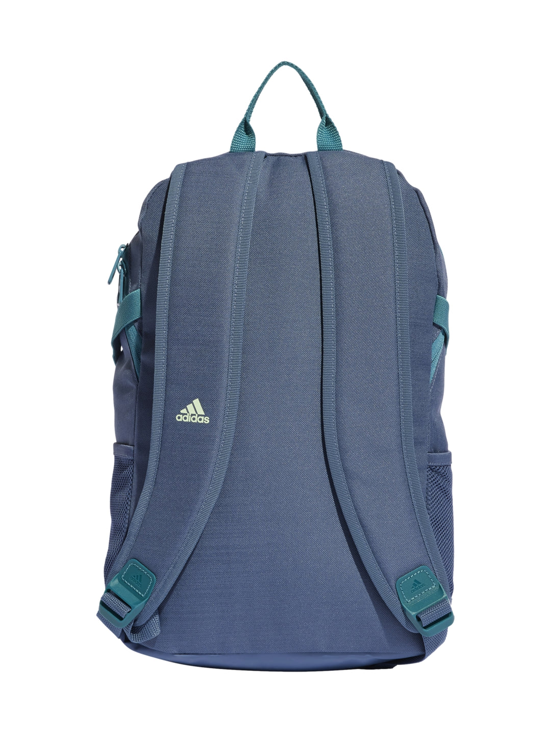 Mochila Adidas color azul con tres franjas blancas verticales y logotipo frontal blanco.