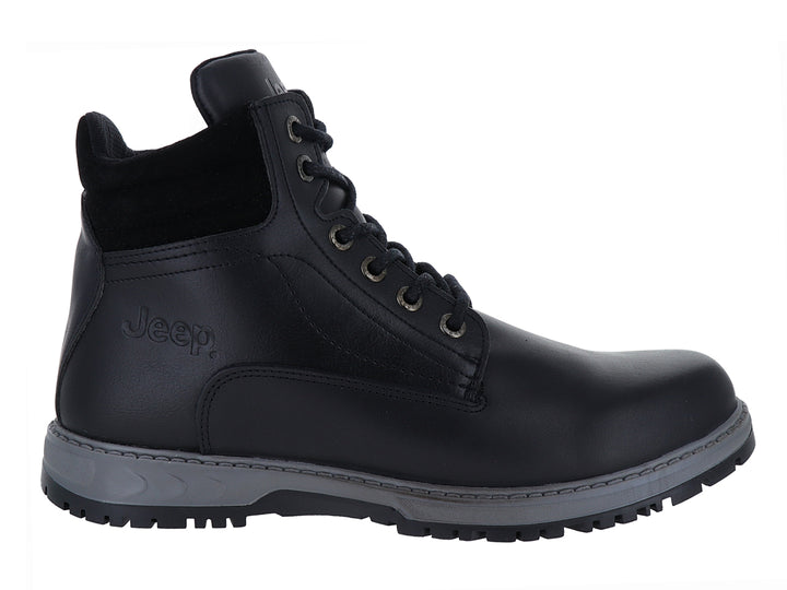 Botín negro marca Jeep con suela gris y cordones negros.