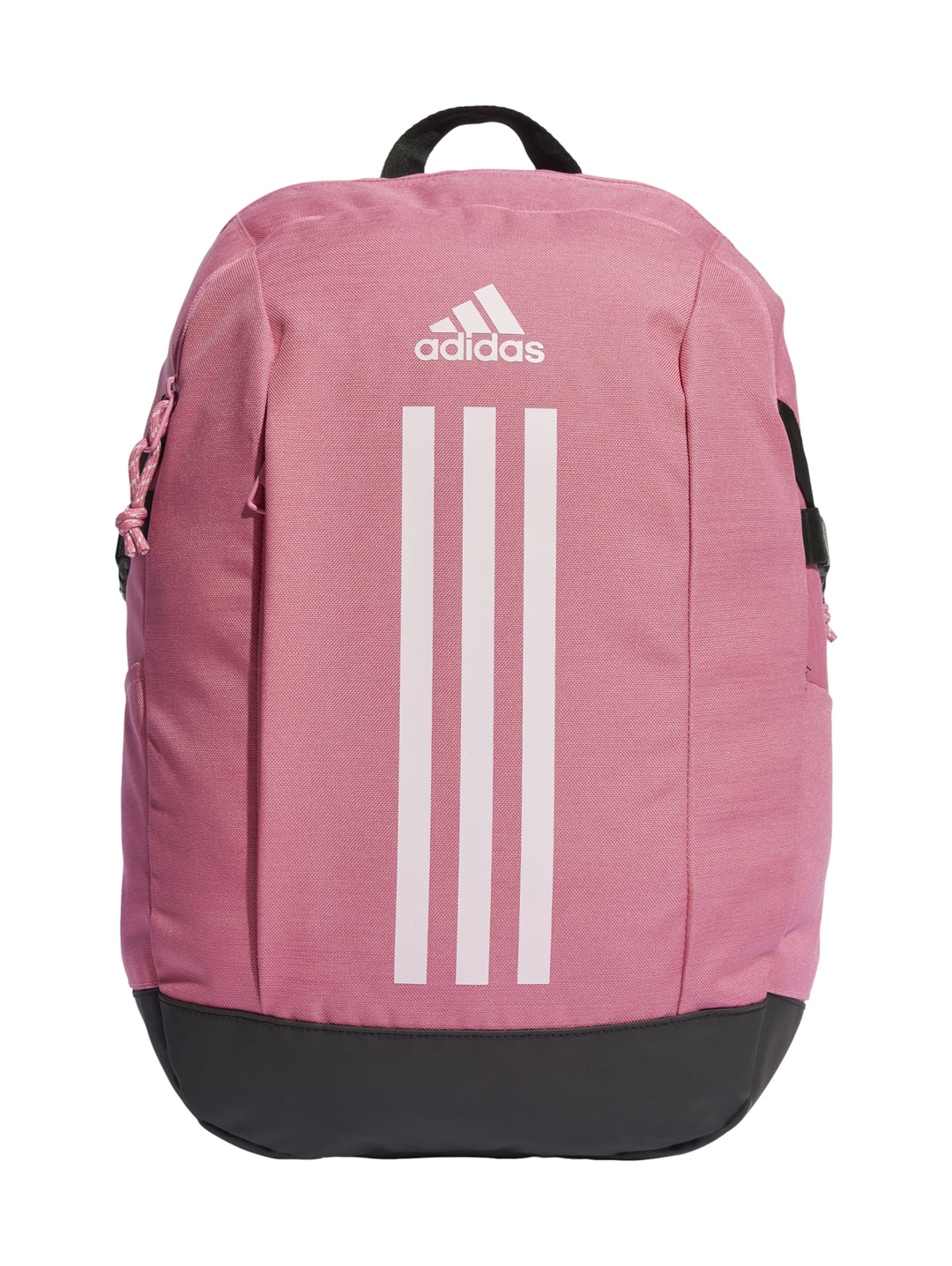 Mochila Adidas color rosa con base negra y tres franjas blancas verticales en el frente.