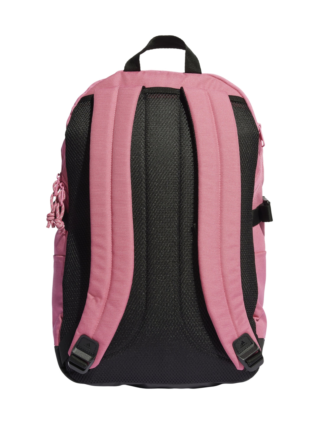 Mochila Adidas color rosa con base negra y tres franjas blancas verticales en el frente.