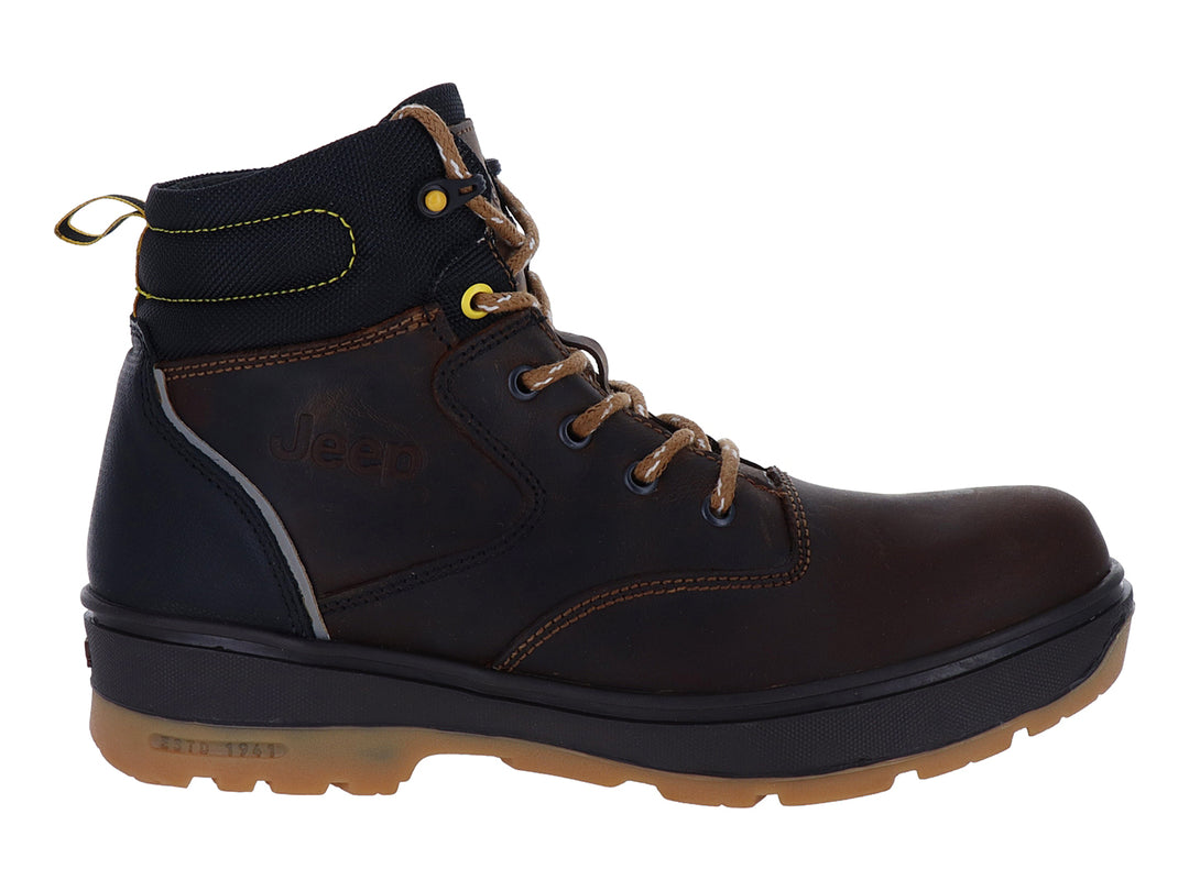 Botas Jeep color bronce con detalles en negro y amarillo, diseño casual de caña media con agujetas.