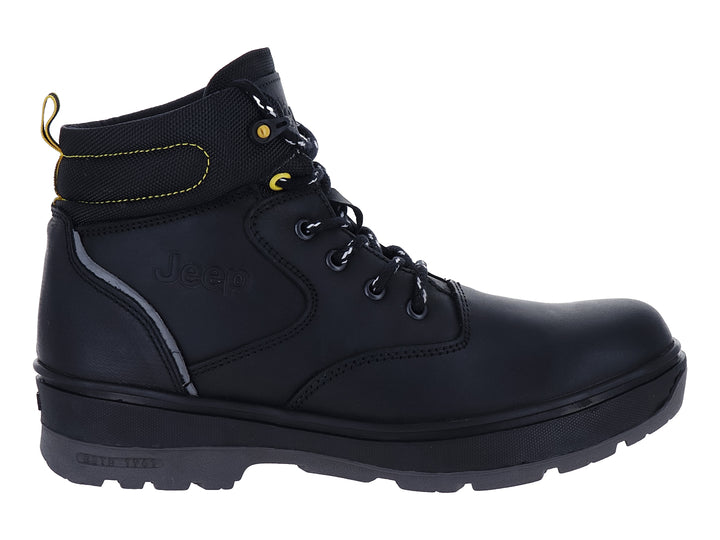 Bota negra de la marca Jeep con detalles en amarillo y suela gruesa.