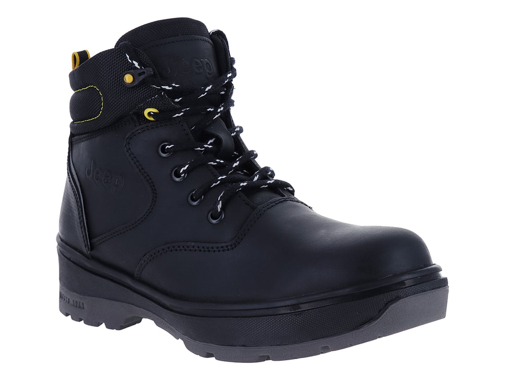 Bota negra de la marca Jeep con detalles en amarillo y suela gruesa.