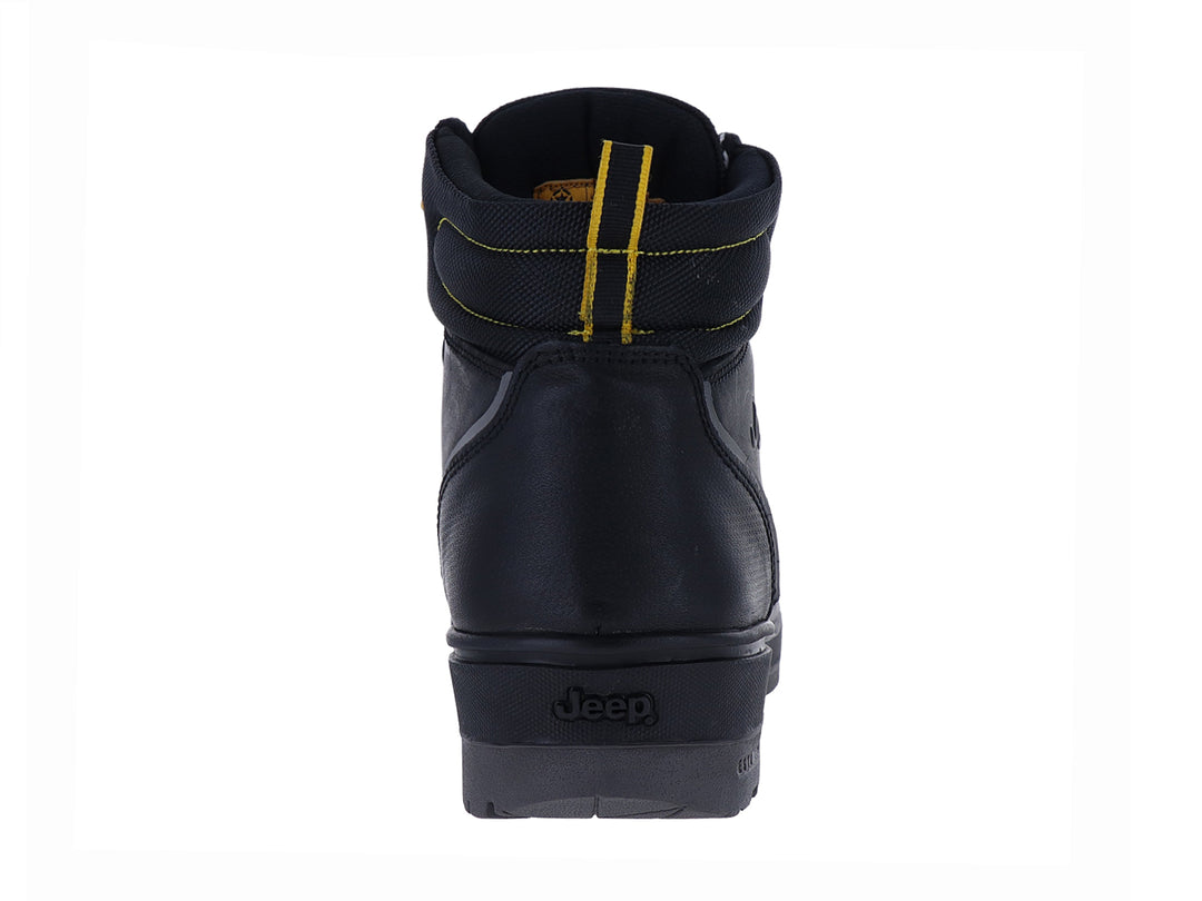 Bota negra de la marca Jeep con detalles en amarillo y suela gruesa.
