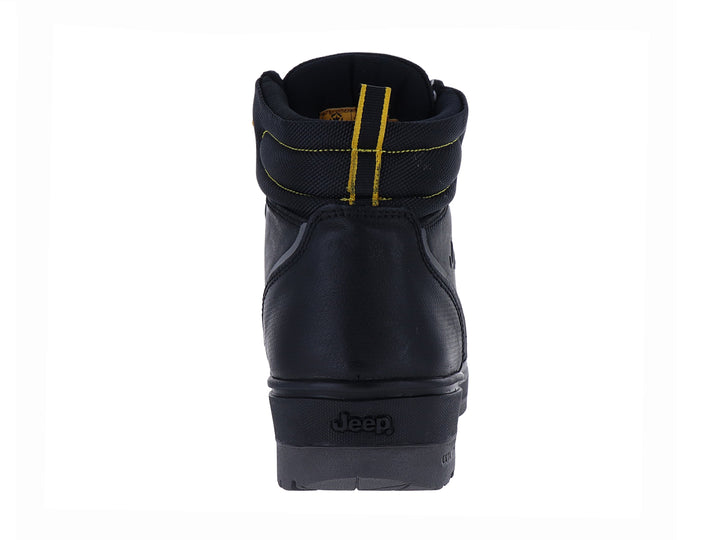 Bota negra de la marca Jeep con detalles en amarillo y suela gruesa.