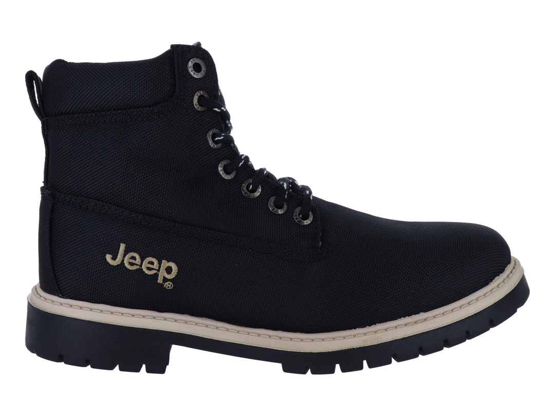 Bota de lona color negro con suela beige y logotipo de Jeep en dorado.
