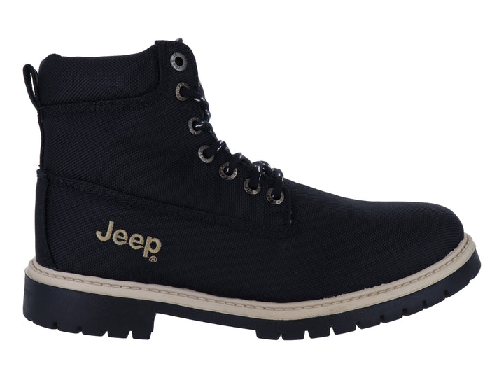 Bota de lona color negro con suela beige y logotipo de Jeep en dorado.