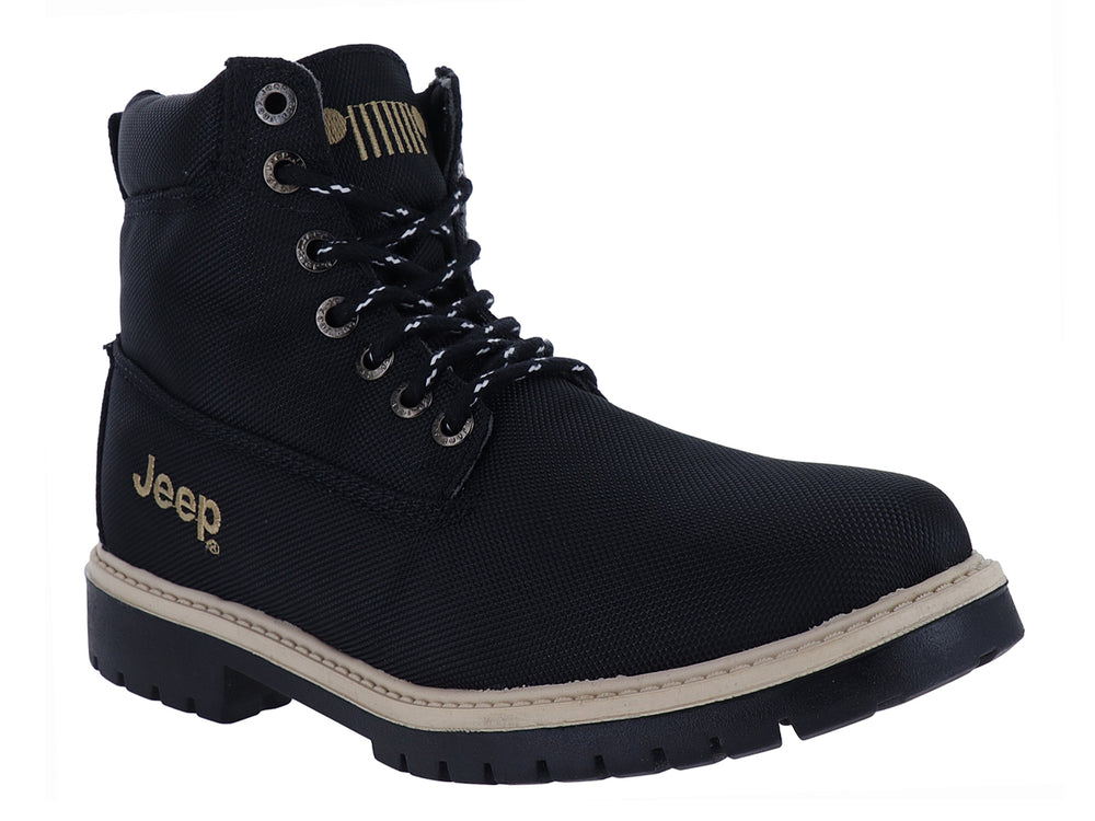 Bota de lona color negro con suela beige y logotipo de Jeep en dorado.