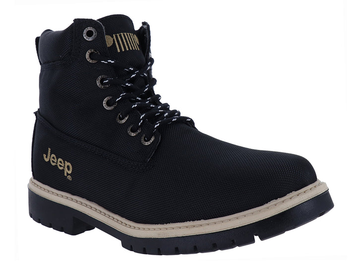 Bota de lona color negro con suela beige y logotipo de Jeep en dorado.