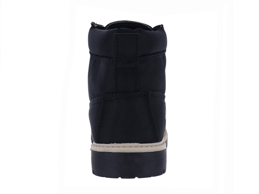 Bota de lona color negro con suela beige y logotipo de Jeep en dorado.