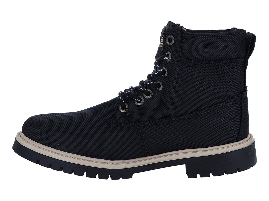 Bota de lona color negro con suela beige y logotipo de Jeep en dorado.