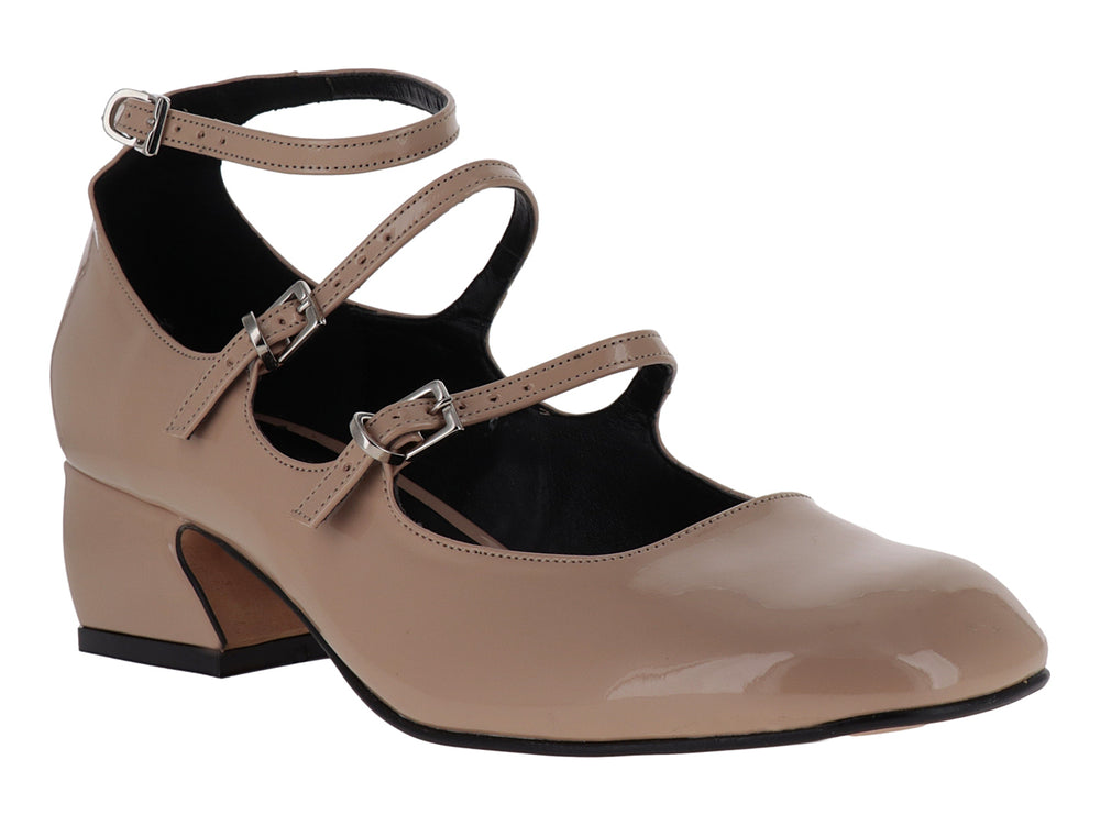Zapato de charol color nude con tacón cuadrado y tres correas con hebilla para Niña.
