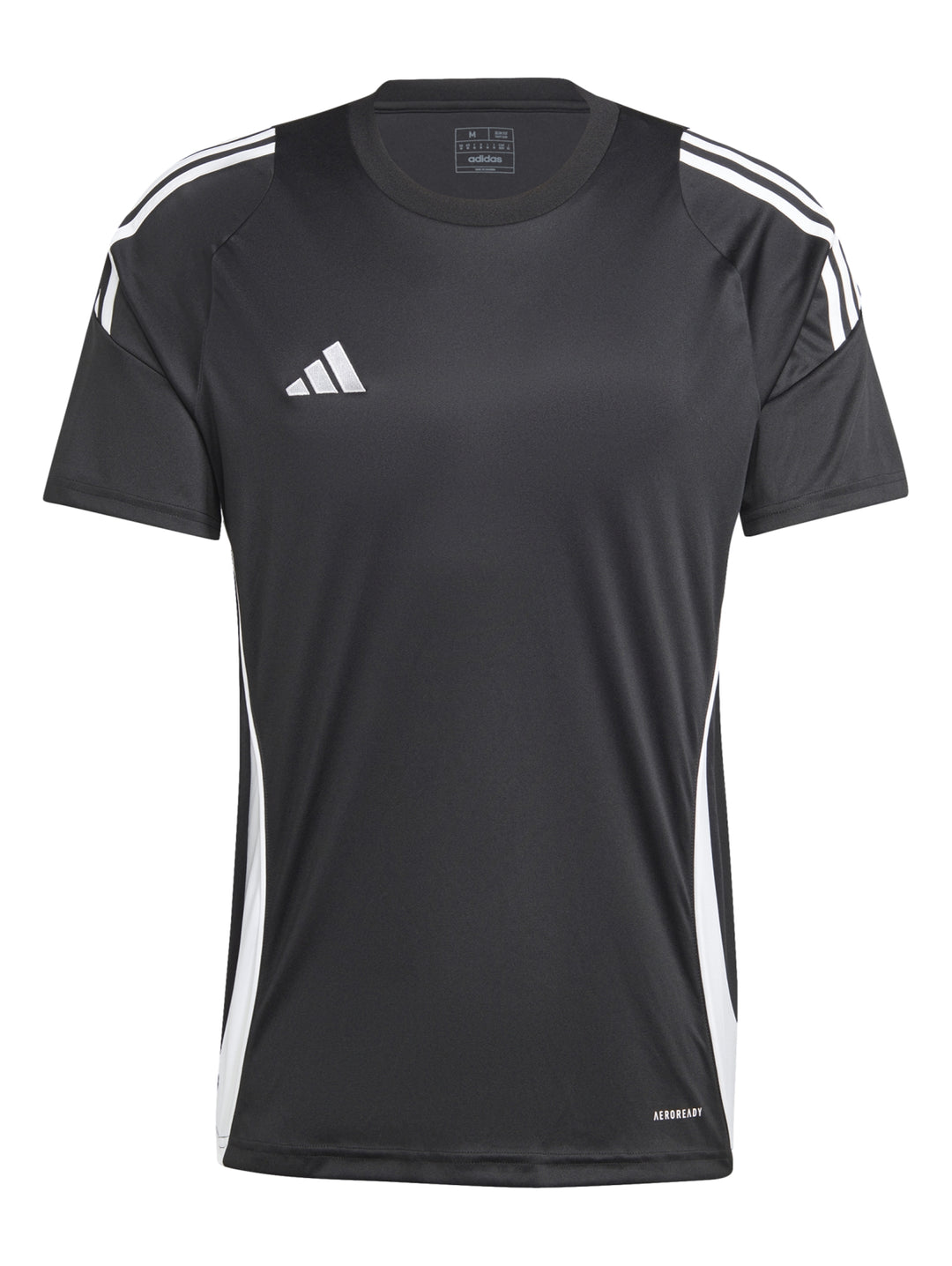 Hombre vistiendo jersey deportivo Adidas color negro con detalles y rayas blancas en los hombros y costados.
