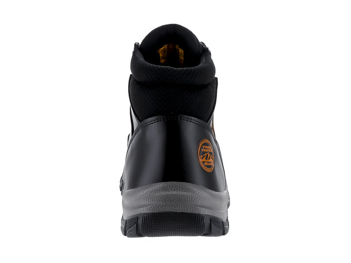 Botín negro Jeep con suela gris y detalles naranjas, diseño robusto y deportivo.