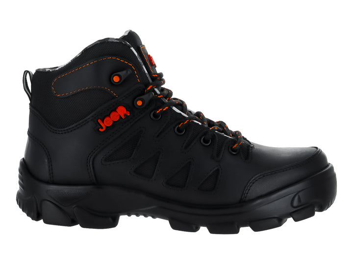 Botín negro de marca Jeep con detalles y cordones en color naranja y suela robusta.