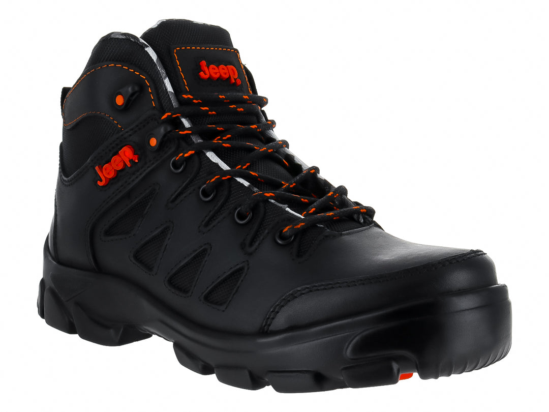 Botín negro de marca Jeep con detalles y cordones en color naranja y suela robusta.