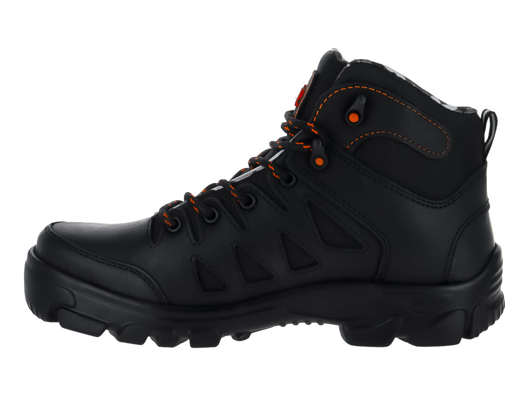 Botín negro de marca Jeep con detalles y cordones en color naranja y suela robusta.