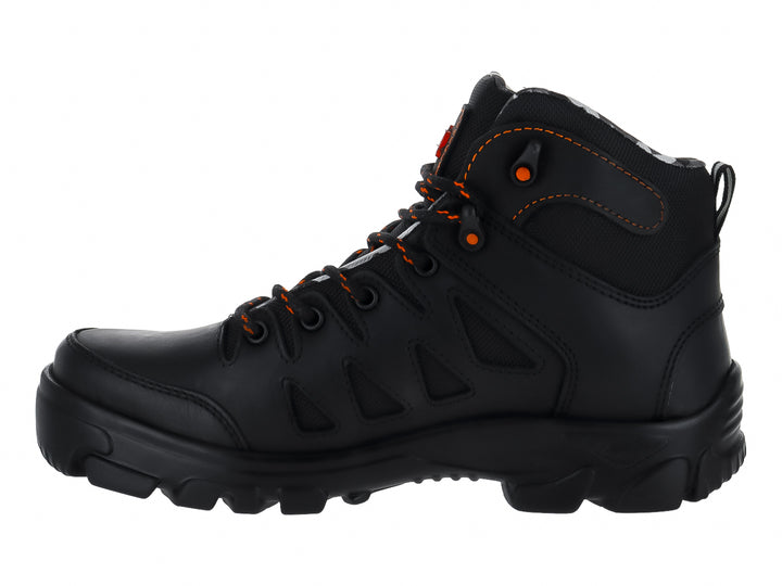 Botín negro de marca Jeep con detalles y cordones en color naranja y suela robusta.