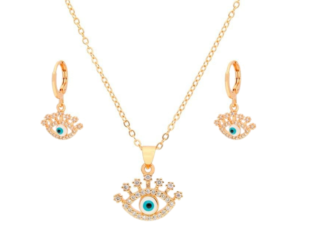 Conjunto de collar y aretes dorados con diseño de ojo turco y detalles de cristales brillantes.