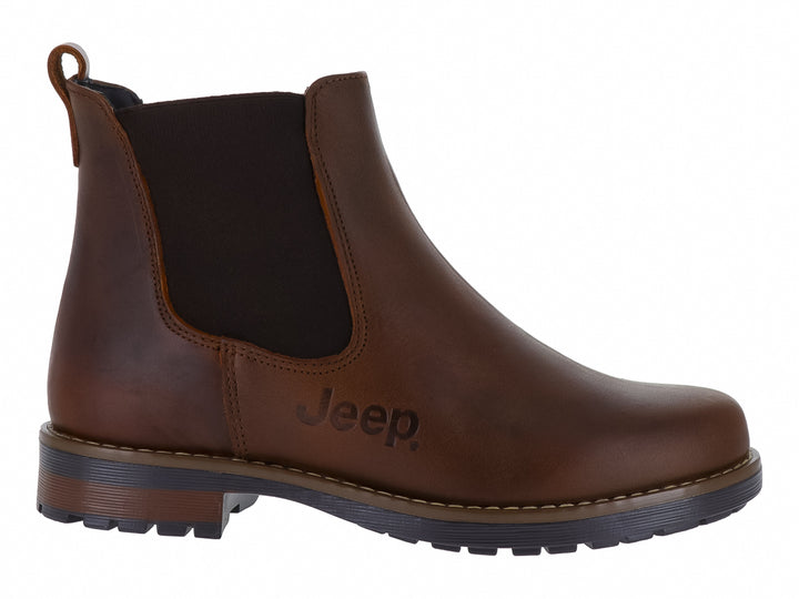 Bota casual marca Jeep en color café con suela negra y panel lateral elástico.
