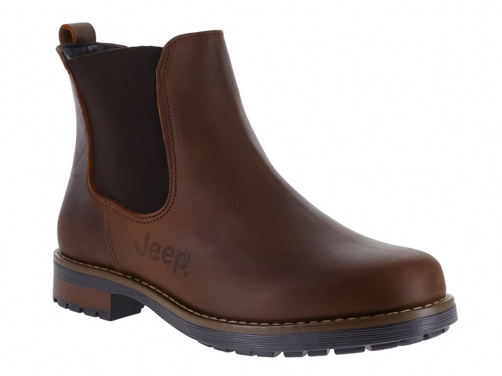 Bota casual marca Jeep en color café con suela negra y panel lateral elástico.