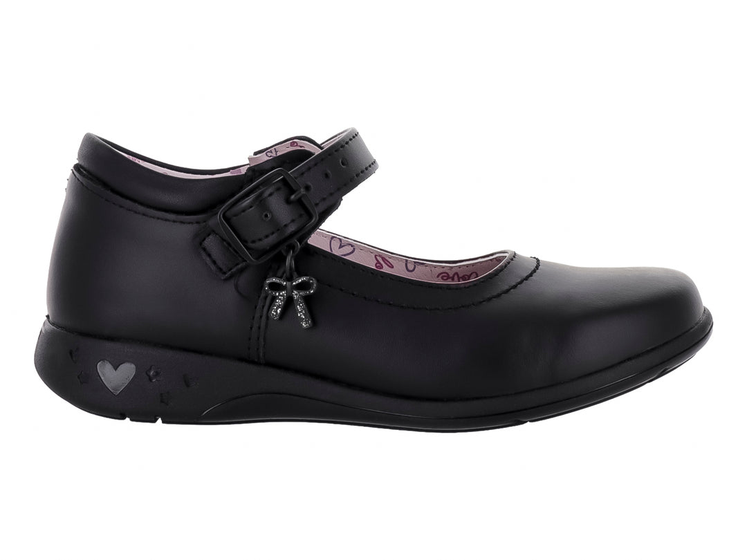 Zapato negro para niña con correa, detalle de moño y corazones en la suela y forro interior rosa.