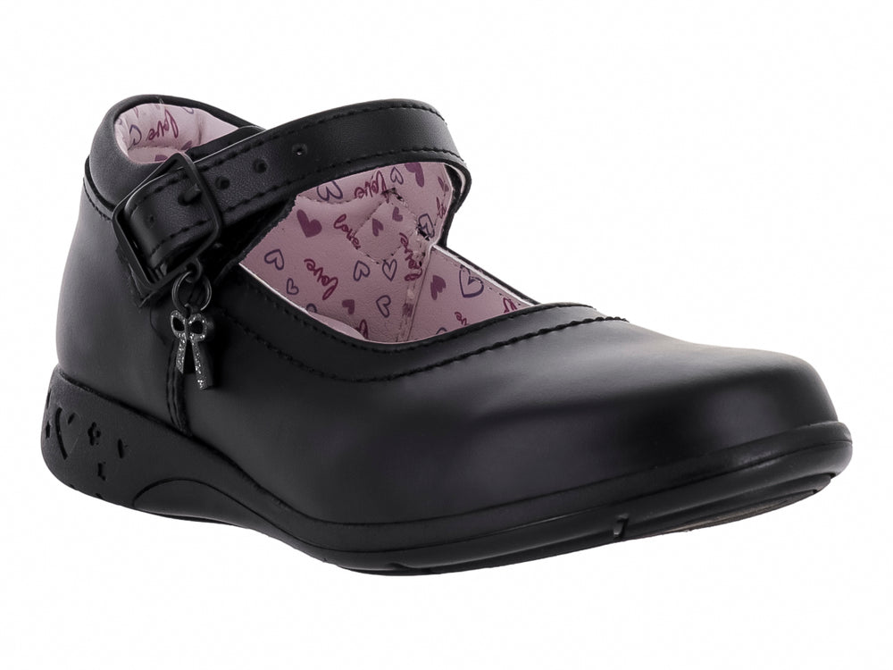 Zapato negro para niña estilo Mary Jane con correa y detalle de corazón en la suela.