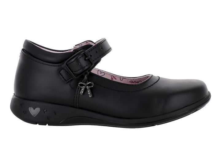 Zapato negro para niña estilo Mary Jane con correa, moño decorativo y detalle de corazón en la suela.