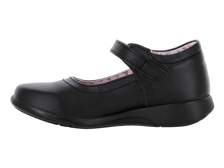 Zapato negro para niña estilo Mary Jane con correa, moño decorativo y detalle de corazón en la suela.