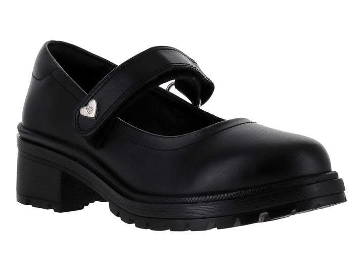 Zapato negro estilo Mary Jane con suela de plataforma y hebilla en forma de corazón.