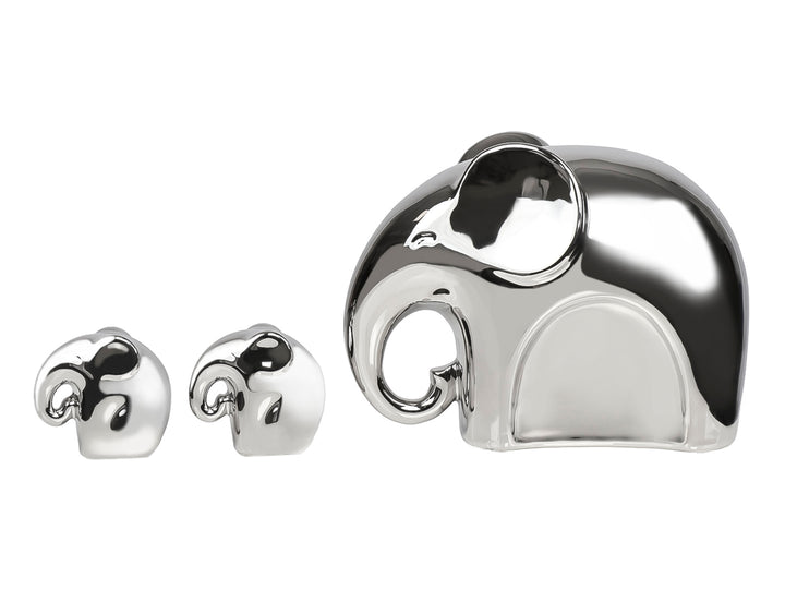 Set de figuras decorativas de elefantes en color plata con acabado metálico brillante.