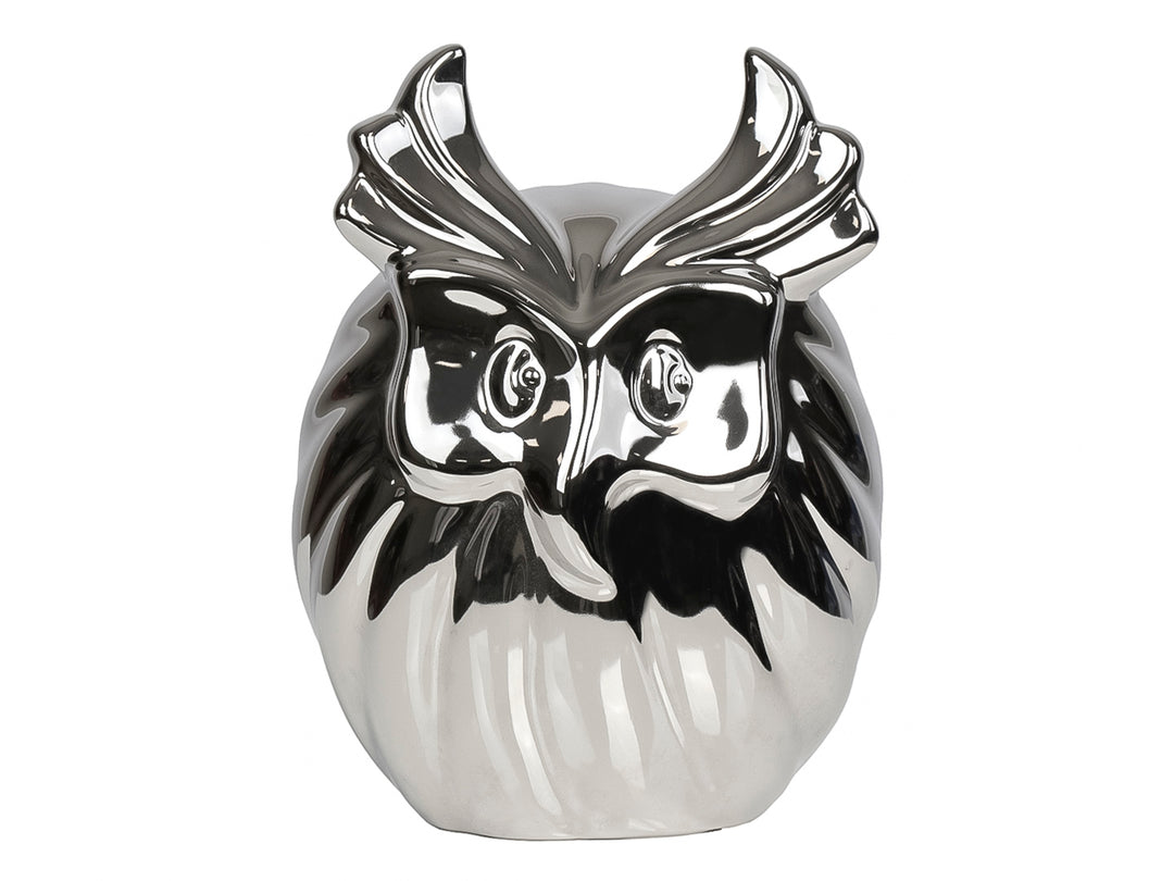 Figura decorativa de búho en cerámica con acabado metálico color plata brillante.