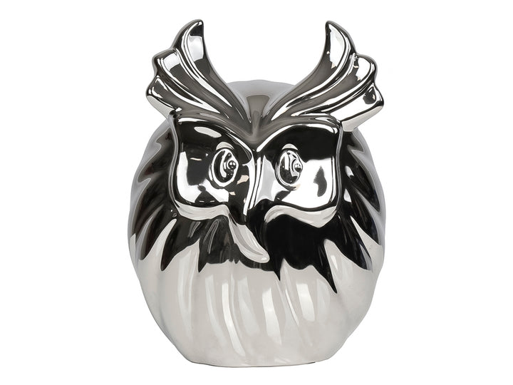 Figura decorativa de búho en cerámica con acabado metálico color plata brillante.