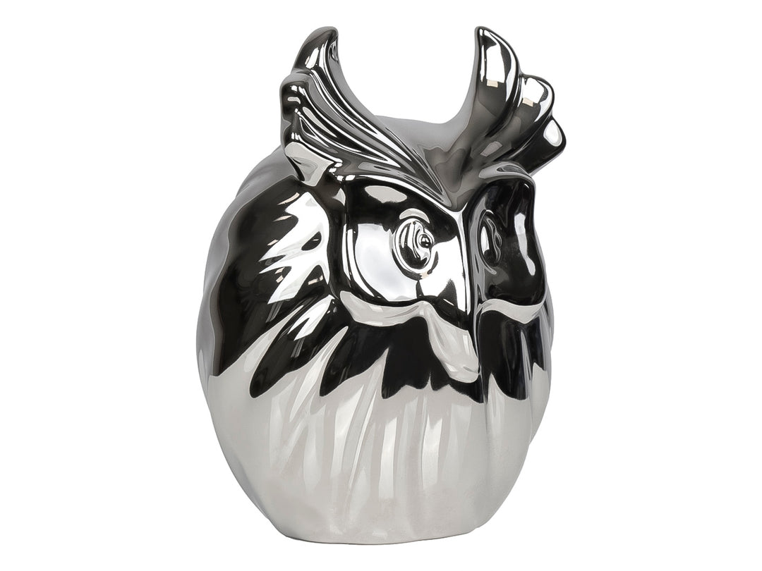Figura decorativa de búho en cerámica con acabado metálico color plata brillante.