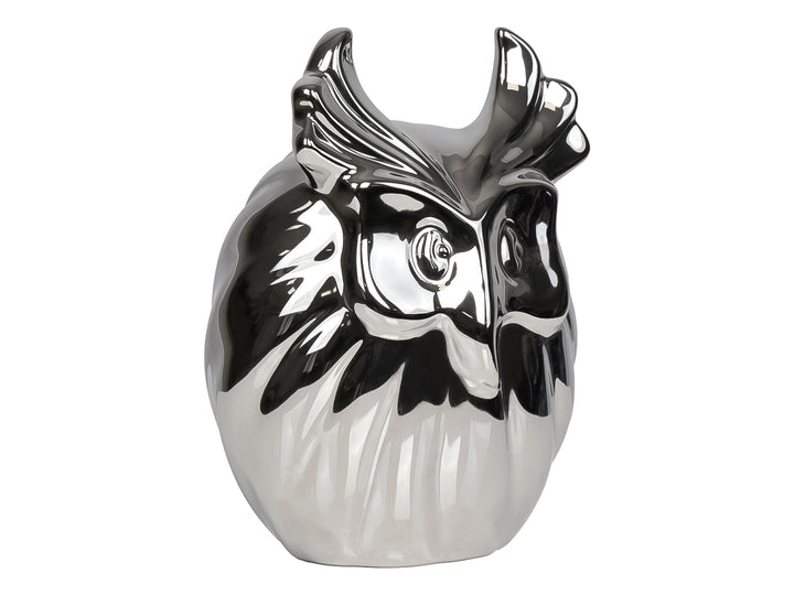 Figura decorativa de búho en cerámica con acabado metálico color plata brillante.